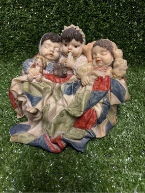 Sleeping Triplet Figurine with Patchwork Blanket - Neutral Tones